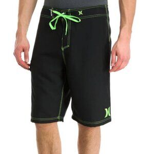 Hurley Swim Shorts Mens 34 Black Neon Green Tie Pocket Board Athletic